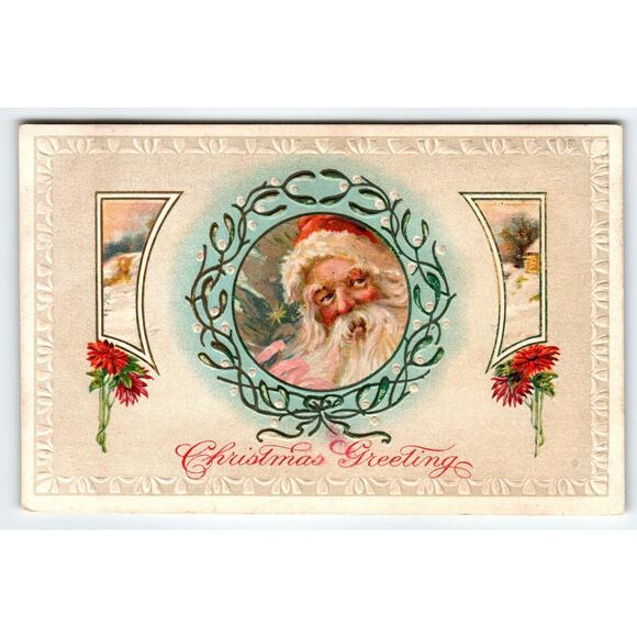 Santa Claus Christmas Postcard 1911 St. Nick Embossed Flowers Moon JJ Marks NY - Picture 1 of 2